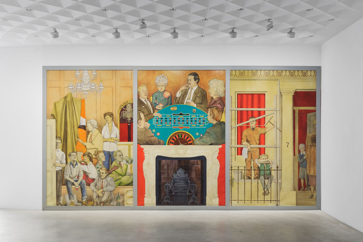 Lucy McKenzie, Mural for Cromwell Place (Francis Bacon’s Studio), 2024. Olieverf en acryl op doek, 600 x 300 cm. Installatiezicht in Z33, 2024. Met dank aan de kunstenaar, Galerie Buchholz, Berlin/Cologne/ New York en Cabinet, London. Foto: Useful Art Services.