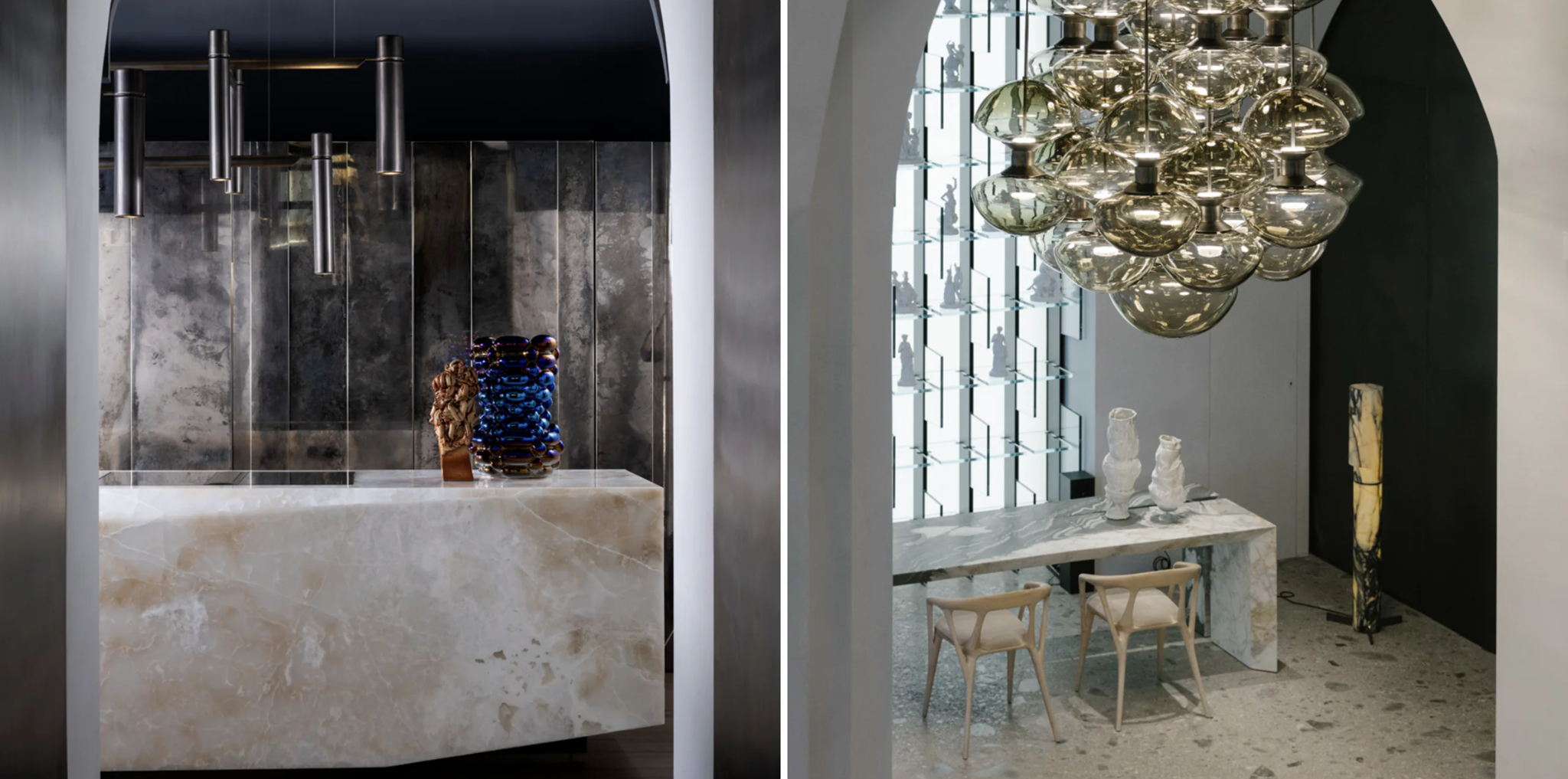Kitchen unit system by Massimo Castagna (left), Floyd Series by Henge in collaboration with Venini (right) Kitchen unit system by Massimo Castagna (left), Floyd Series by Henge in collaboration with Venini (right)
