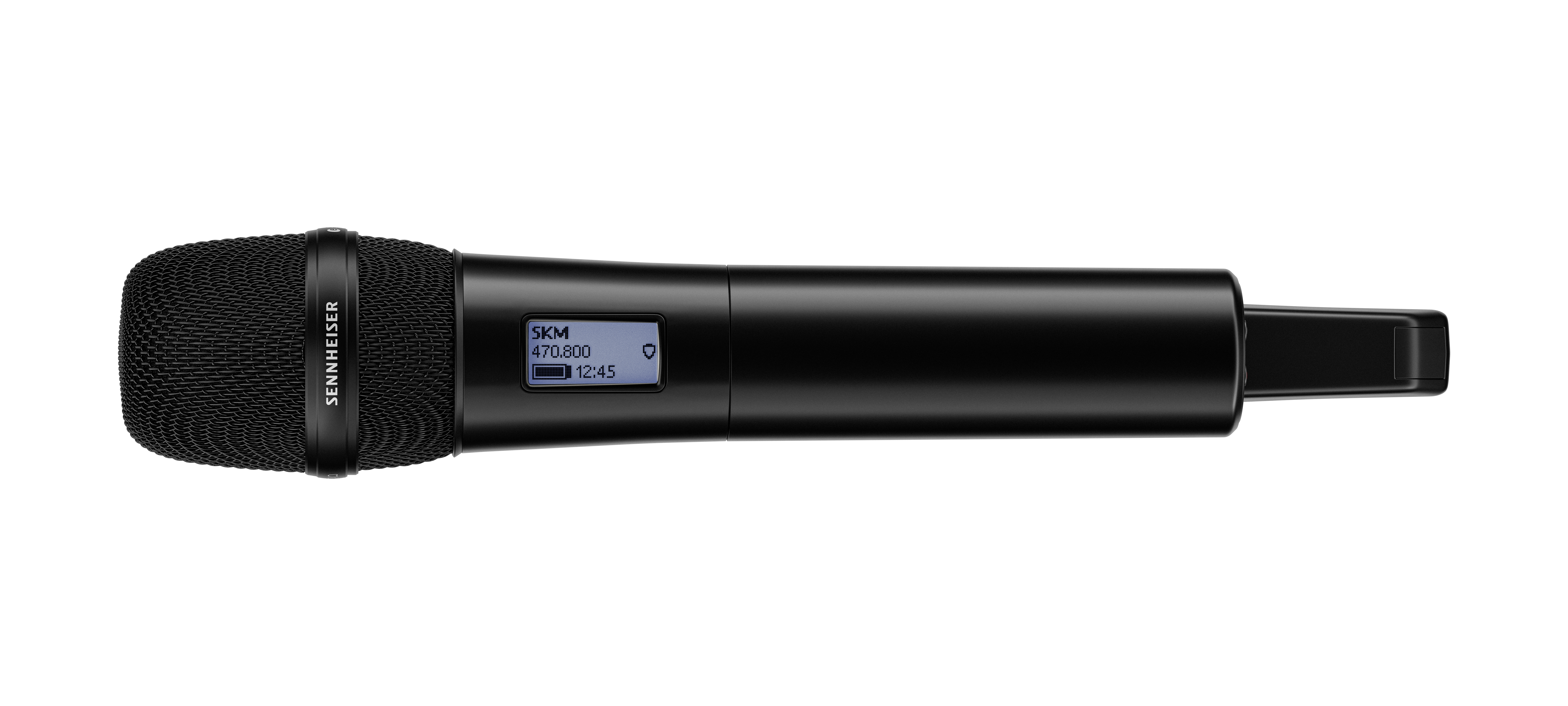 The handheld transmitter with e-ink display, available with optional, programmable mute switch