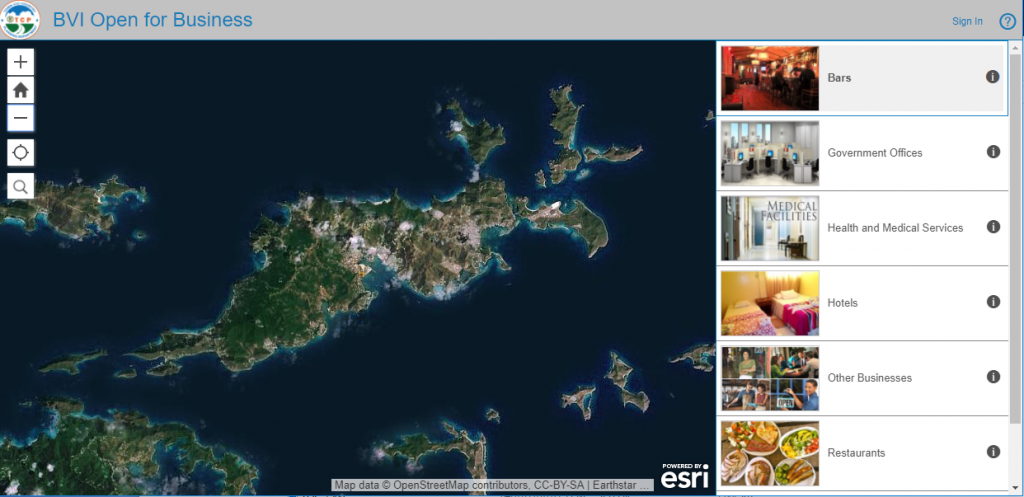 Satellite view of Tortola on the BVI Open for Business app.