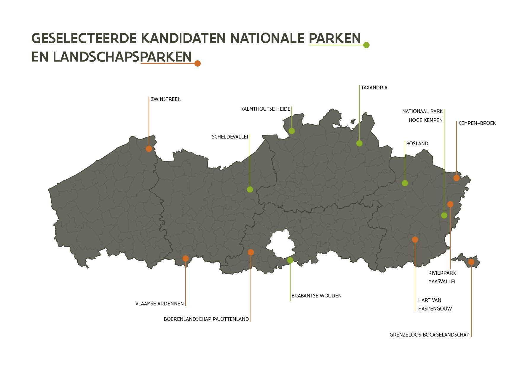 De jury's selecteerden 6 kandidaten voor de titel Nationaal park Vlaanderen en 7 kandidaten voor de titel Landschapspark
