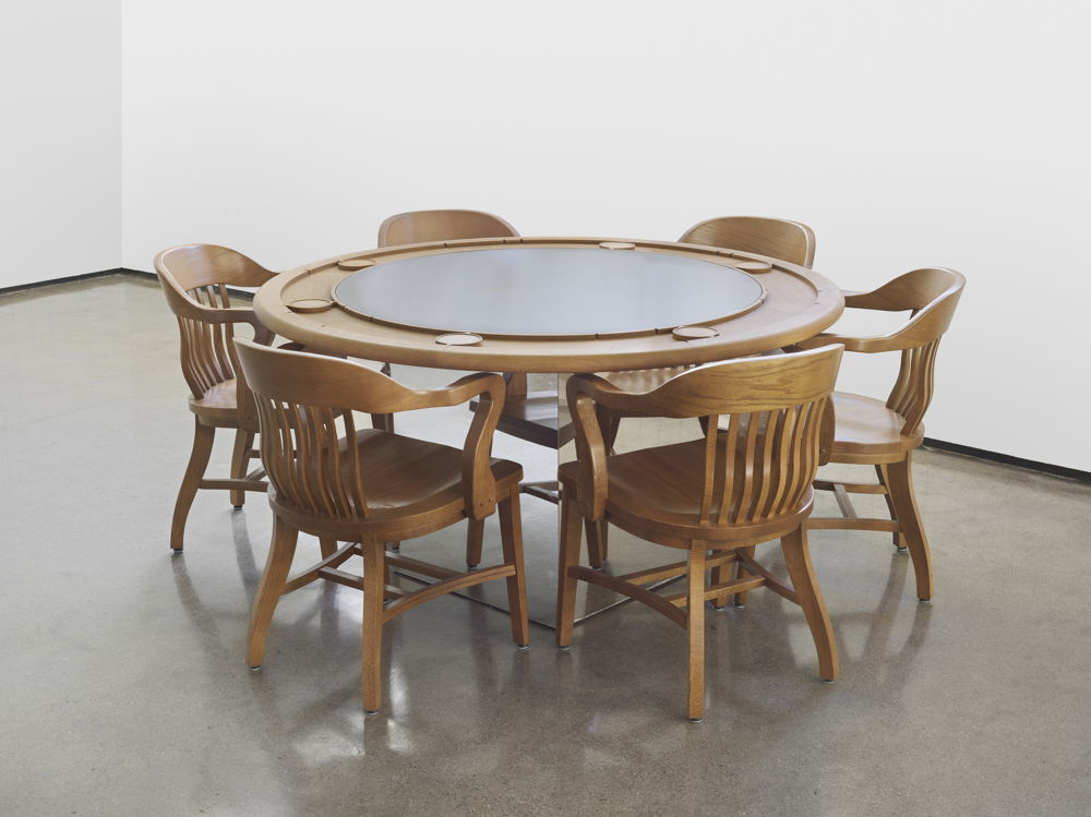 Gerald Luss; Poker Table; 2008; English white oak with Corian revolving inset; exhibited with six Gunlocke Bank of England Guest Chairs; photo by Genevieve Hanson