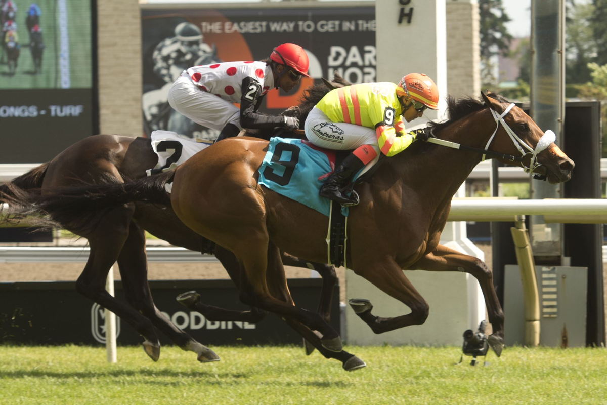 Wickenheiser and jockey Luis Contreras winning the sixth race on July 2 2022 at Woodbine. (Michael Burns Photo)