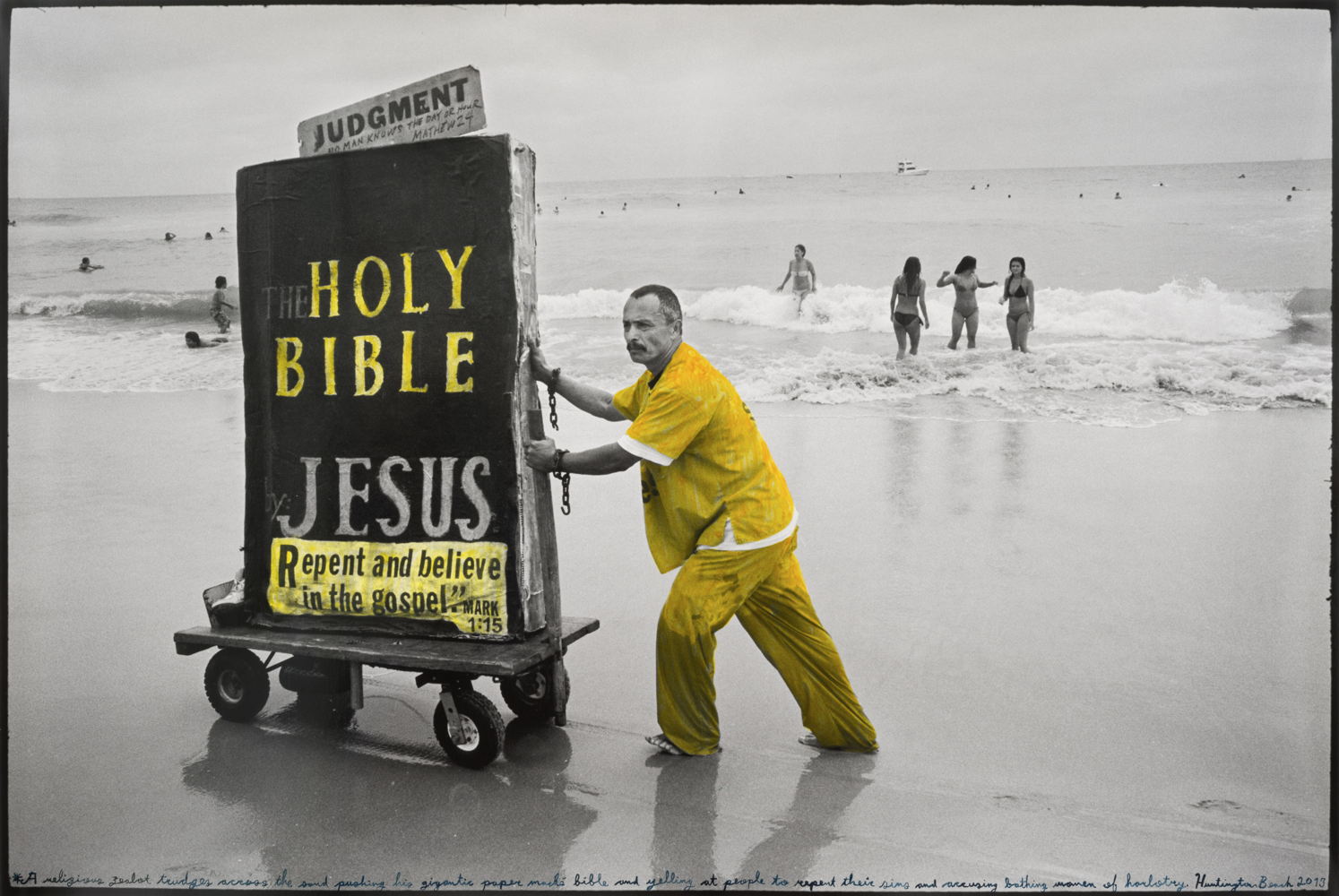 ED TEMPLETON Zealot pushing bible on sand, Huntington Beach, 2013 - 2024 photograph, paint, ink 53 x 78,5 cm edition of 3 and 1 A.P. Courtesy Tim Van Laere Gallery, Antwerp-Rome