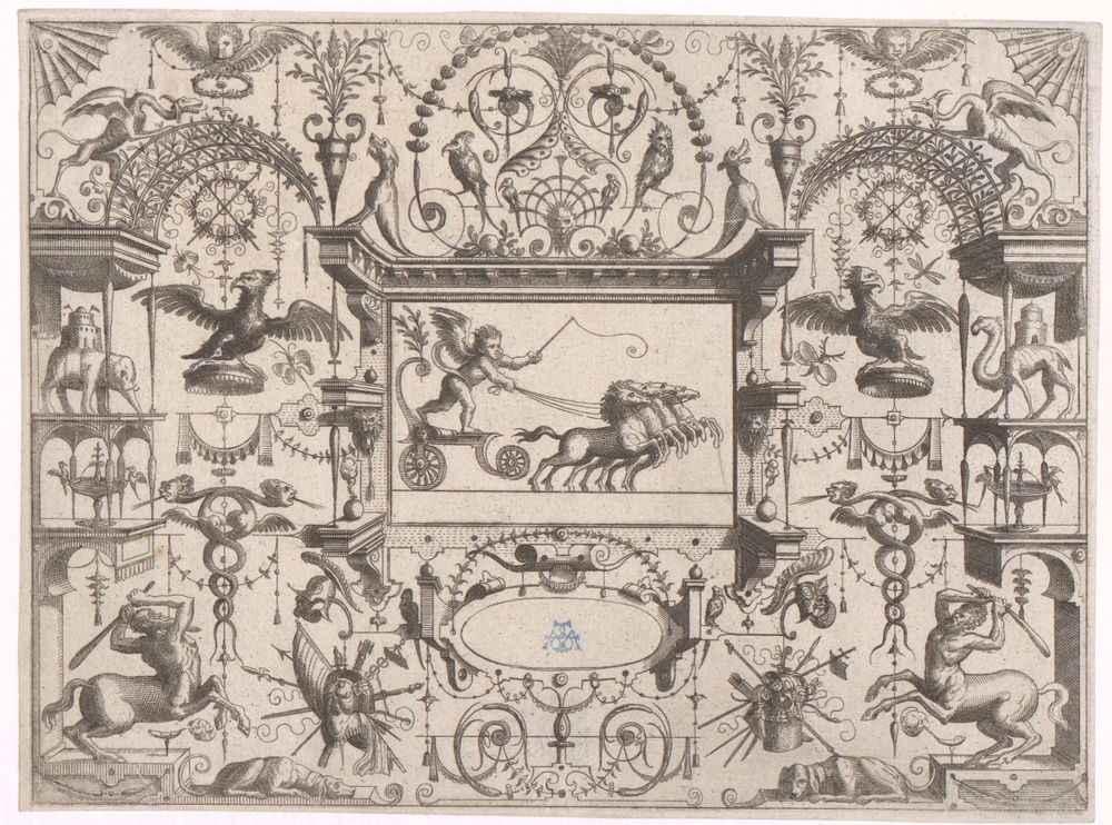 Doetecum (graveur), Hans Vredeman de Vries (ontwerper), Architectuurfantasie met centraal de voorstelling van een vierspan, 1558 – 1591, Museum Plantin-Moretus