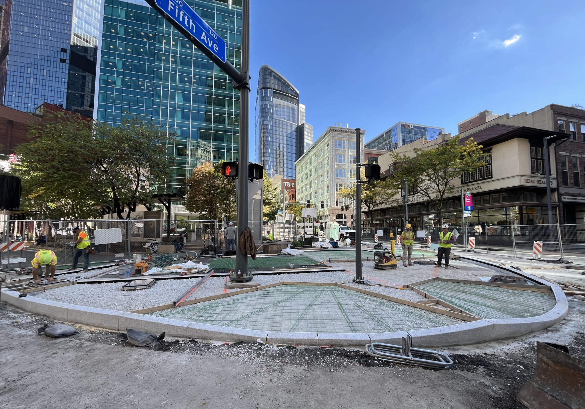 Framing for new sidewalk and accessible ramps at Fifth Avenue and Liberty Avenue