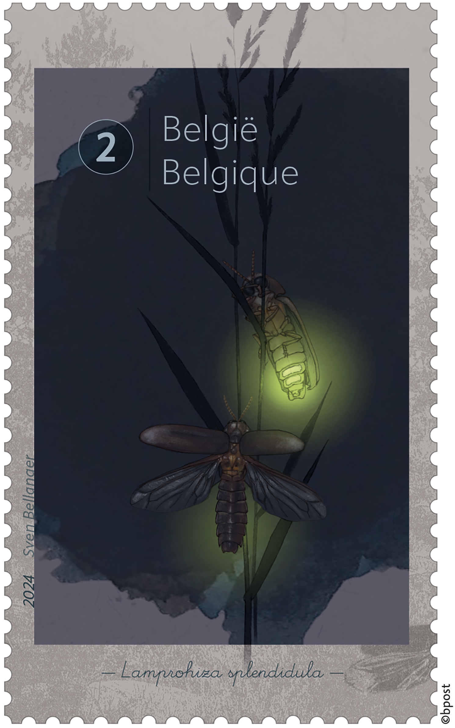 Un petit ver luisant illumine un timbre-poste bpost.