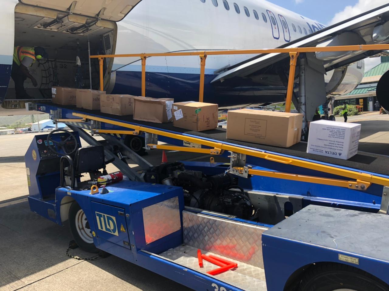 Relief items are offloaded in Saint Lucia in preparation for onward shipment to Saint Vincent and the Grenadines.