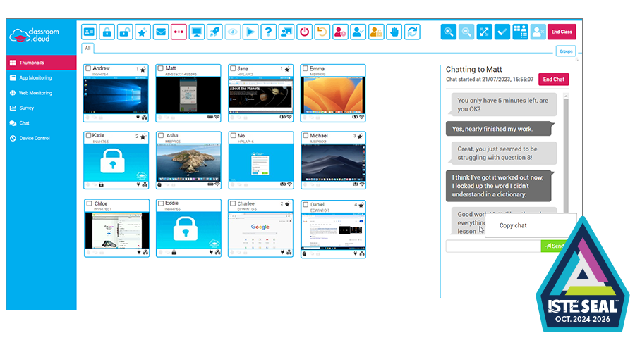 classroom.cloud from NetSupport has earned the prestigious ISTE Seal for aligning with ISTE Standards, validating high-quality learning design, user interface, and supporting research-backed teaching practices! https://classroom.cloud/iste-seal/