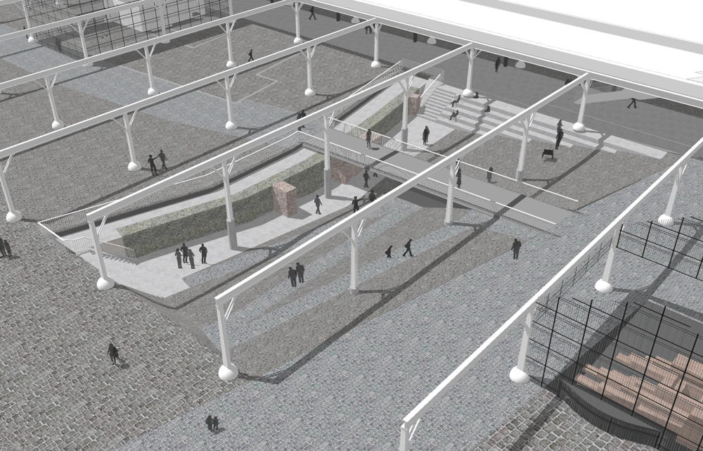De burchtmuur wordt tot 2,5m diep zichtbaar gemaakt onder het Noorderterras. Via een helling kunnen bezoekers tot bij de burchtmuur. De oude poortdoorgang wordt opnieuw benut. Op deze plaats komt een loopbrug over de voormalige gracht. ©Tractebel/ Palmbout