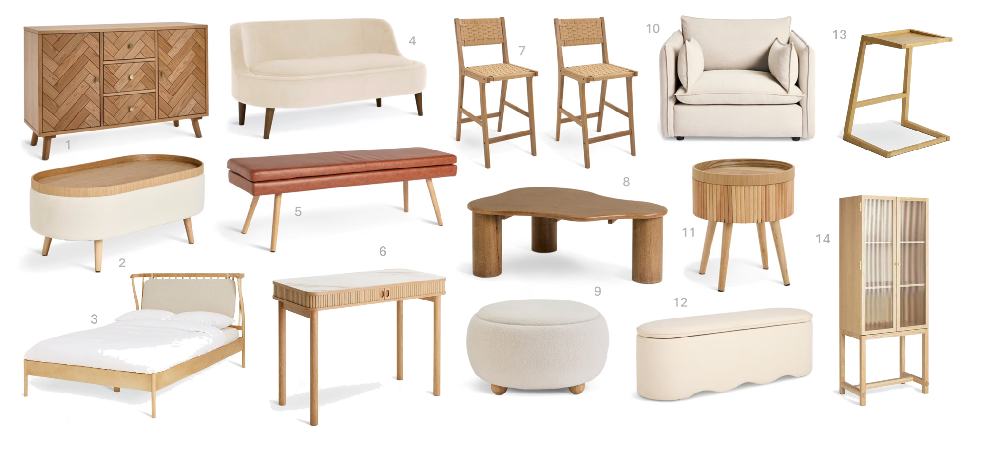 1.Habitat Afram Large Sideboard Oak, £400, 2.Habitat Ingo Coffee Table Cream, £130, 3.Habitat Hugh Wooden Double Bed - Light Wood, £390, 4.Habitat Beckett Round Lux Sofa in a Box Natural, £250, 5.Habitat Lex Tan Bench, £140, 6.Habitat Lex Console Desk - Marble Effect, £300, 7.Habitat Faro Barstool Pair - Oak, £180, 8.Habitat Mariel Coffee Table Walnut, £160, 9.Habitat Adeline Coffee Table Cream, £120, 10.Habitat Willow Cuddle Chair Brugge Pebble, £560, 11.Habitat Agnes Side Table, £50, 12.Habitat Onda Storage Ottoman Natural, £170, 13.Habitat Calvin Shape Side Table – Natural, £45, 14.Habitat x Morris & Co. Canterbury Oak Veneer Display Cabinet, £350
