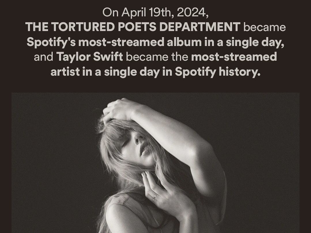 Taylor Swift breekt meerdere Spotify records in minder dan 24 uur met "The Tortured Poets Department"