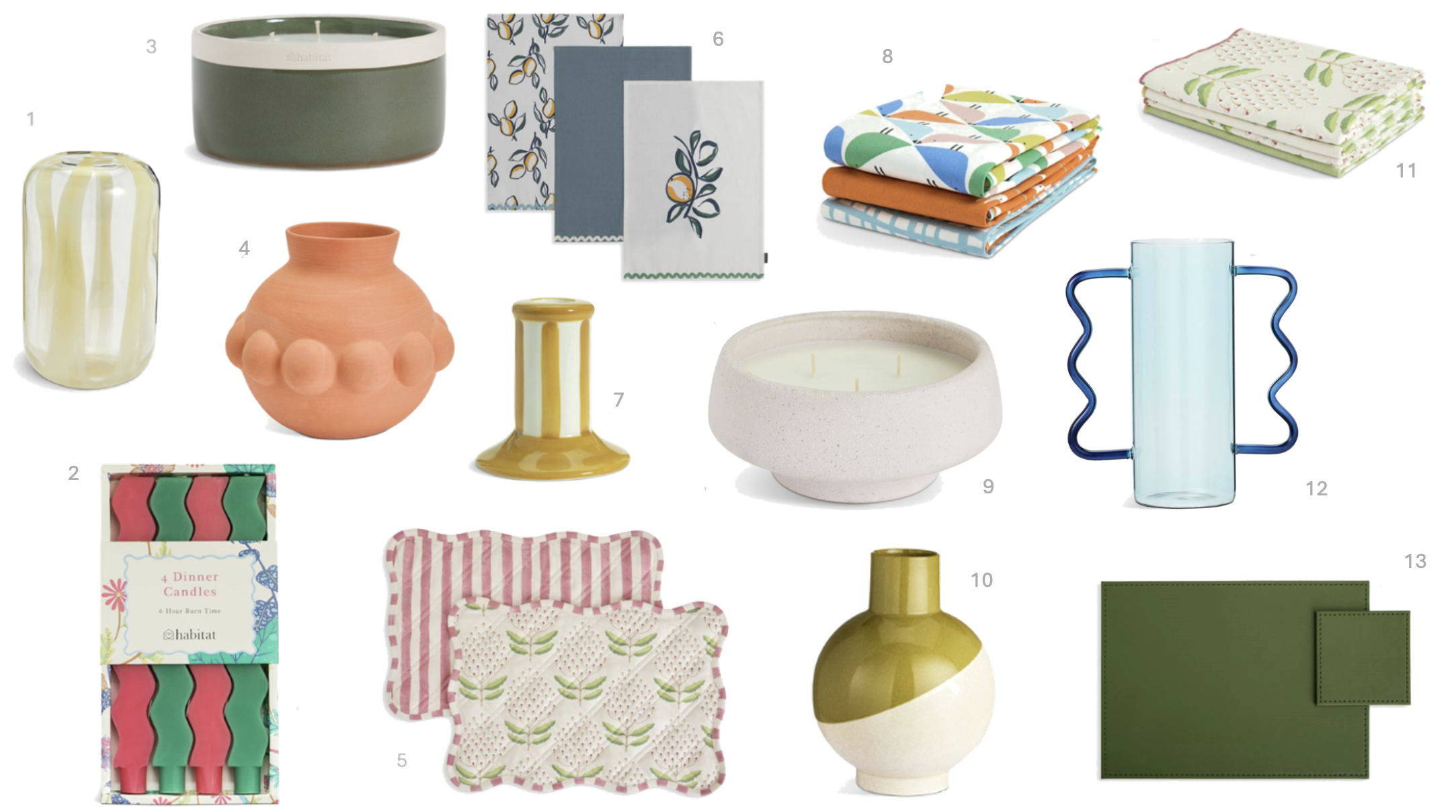 1.Habitat Art Glass Stripe Vase – Yellow, £18, 2.Habitat Wavy Candles - Set of 4, £8, 3.Habitat Large Multiwick Ceramic Candle - Tomato Leaf, £15, 4.Habitat Small Beaded Terracotta Vase, £12, 5.Habitat x Sanderson & National Trust Bellis Placemats 2pk, £12, 6.Habitat Lemon Textile Set – Denim, £12.50, 7.Habitat Stripe Taper Candle Holder – Mustard, £8, 8.Habitat x Scion Lintu Pack of 3 Tea Towels, £8.50, 9.Habitat Footed Citronella Candle, £15, 10.Habitat x Scion Lintu Pack of 3 Tea Towels, £8.50, 10.Habitat Sintra Dipped Ceramic Vase – Cream, £22, 11.Habitat x Sanderson & National Trust Bellis Napkins 4pk, £10, 12.Habitat Wiggle Handled Glass Vase – Blue, £12, 13.Habitat Faux Leather Set of 4 Placemats and Coasters, £14.50
