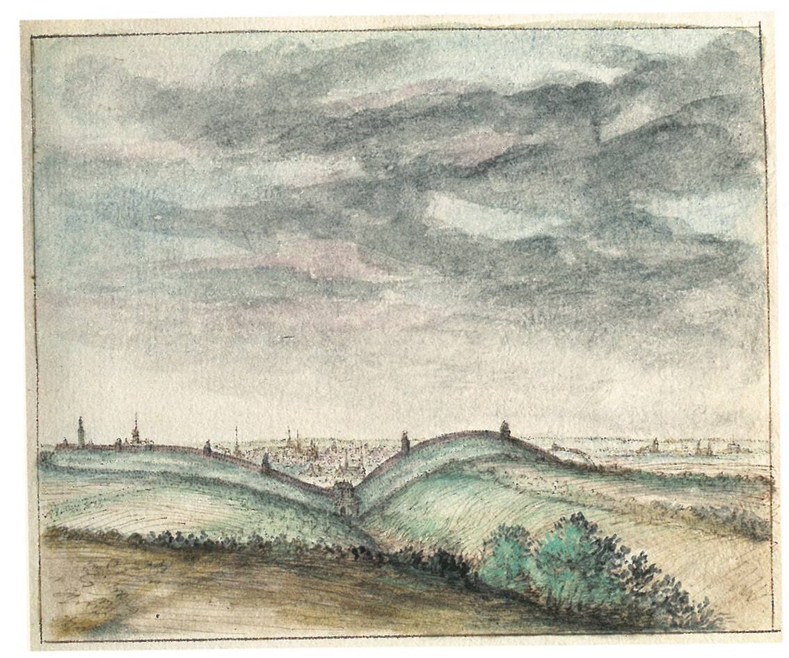 17de-eeuwse prent van panorama van Leuven met centraal de Wijngaardpoort in de tweede omwalling (c)KBR 