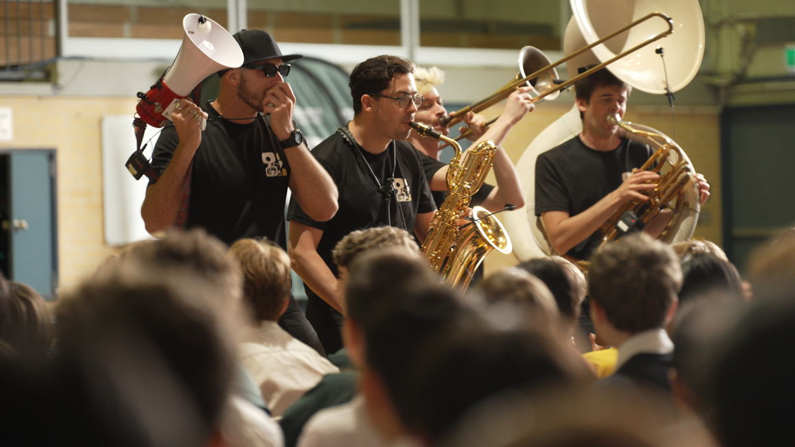 At Killara High School, Hot Potato Band performed with the MCM attachment on the saxophone, trombone, and sousaphone during their workshop.