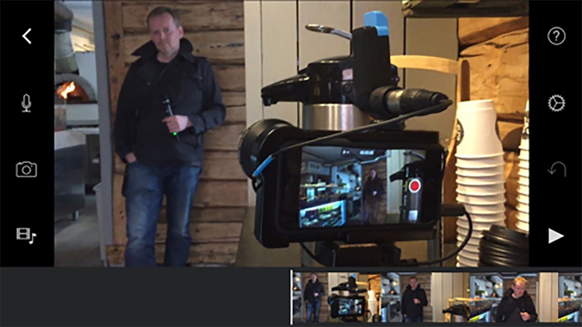 Figure 4.   Norwegian journalist recording a stand-up using an iPhone and Sennheiser AVX Combo Set wireless system  (Photo credit: Ivo Burum)