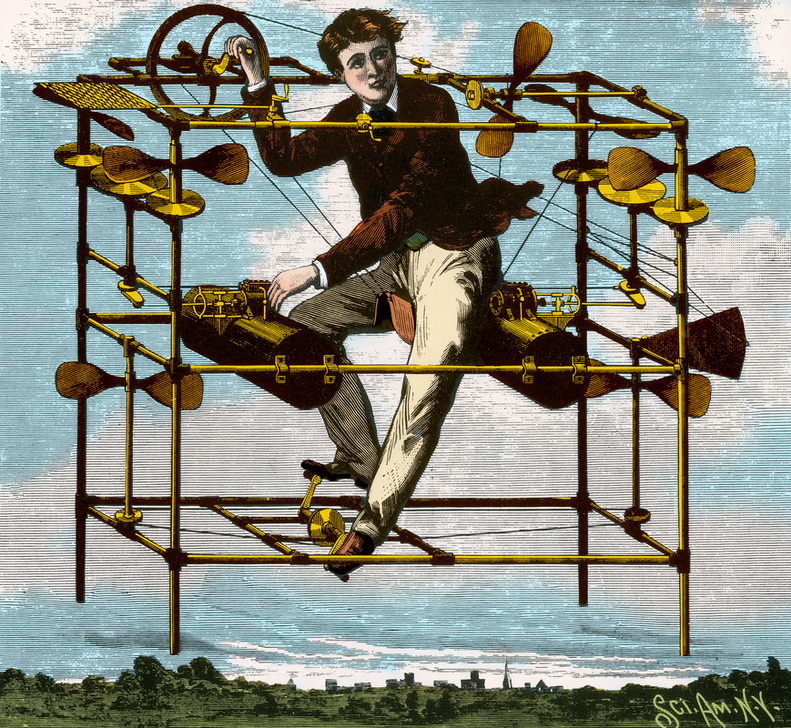 Aerial Machine invented by Dr. W. O. Ayres of New Haven (1885) got its power from air compressed to 3.000 pounds per square inch in two drums. Air was supposed to feed through tubes to motors, last for several hours. The four horizontal propellers serve to give the craft sufficient lifting-power. They are driven not only by the compressed air but also by the legs of the rider thrusting on pedals similar to those used on bicycles. Attached to each cylinder of compressed air is a driving machine in which a paddle-wheel is brought into rotating motion by the flow of air. With his left hand the rider regulates the valve for air supply, while with his right arm he drives the vertically revolving propeller which thrusts the machine foreword. Appeared in Scientific American published May 9, 1885. AKG7417186 © akg-images / Science Source Aerial Machine invented by Dr. W. O. Ayres of New Haven (1885) got its power from air compressed to 3.000 pounds per square inch in two drums. Air was supposed to feed through tubes to motors, last for several hours. The four horizontal propellers serve to give the craft sufficient lifting-power. They are driven not only by the compressed air but also by the legs of the rider thrusting on pedals similar to those used on bicycles. Attached to each cylinder of compressed air is a driving machine in which a paddle-wheel is brought into rotating motion by the flow of air. With his left hand the rider regulates the valve for air supply, while with his right arm he drives the vertically revolving propeller which thrusts the machine foreword. Appeared in Scientific American published May 9, 1885. AKG7417186 © akg-images / Science Source
