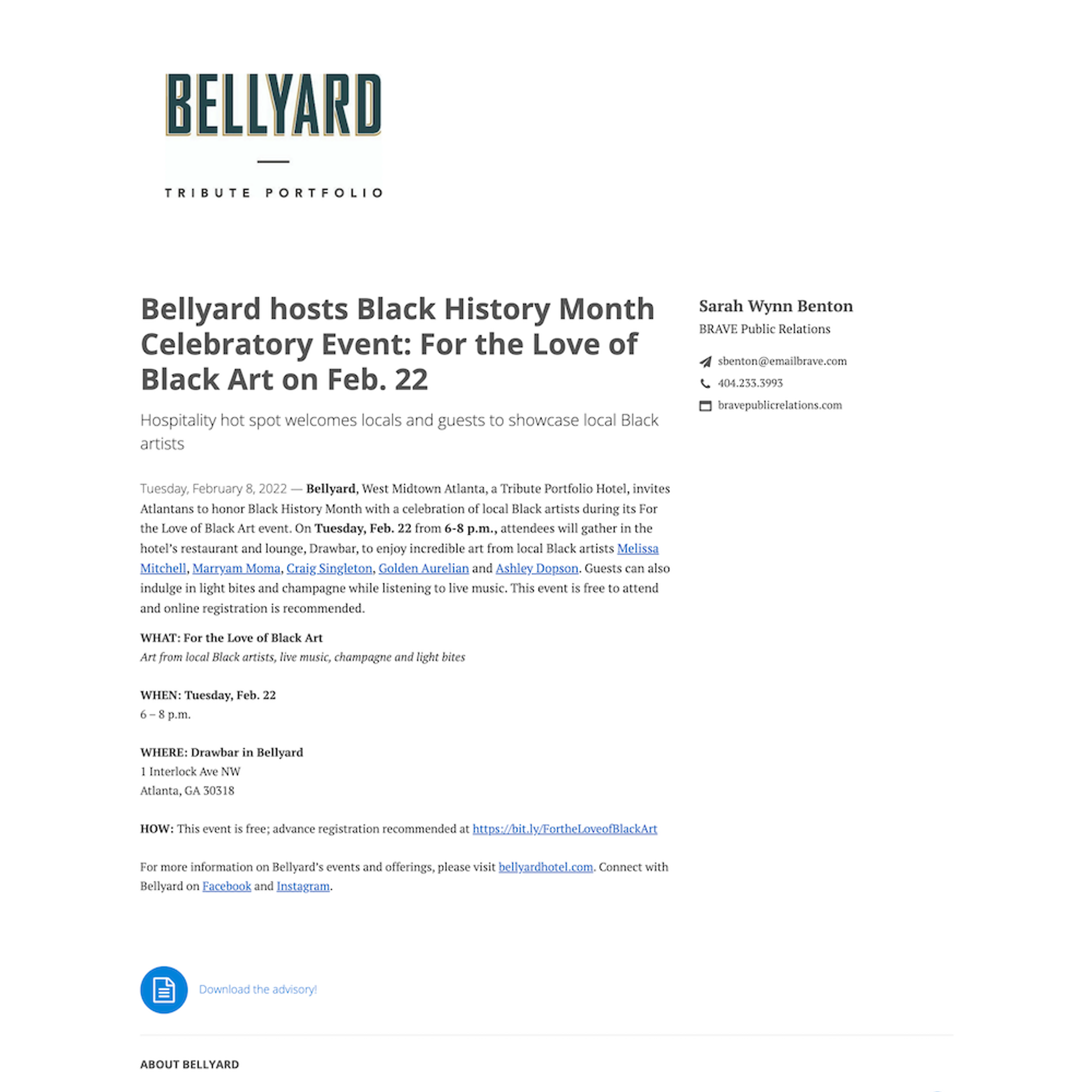 Art event press release example Bellyard