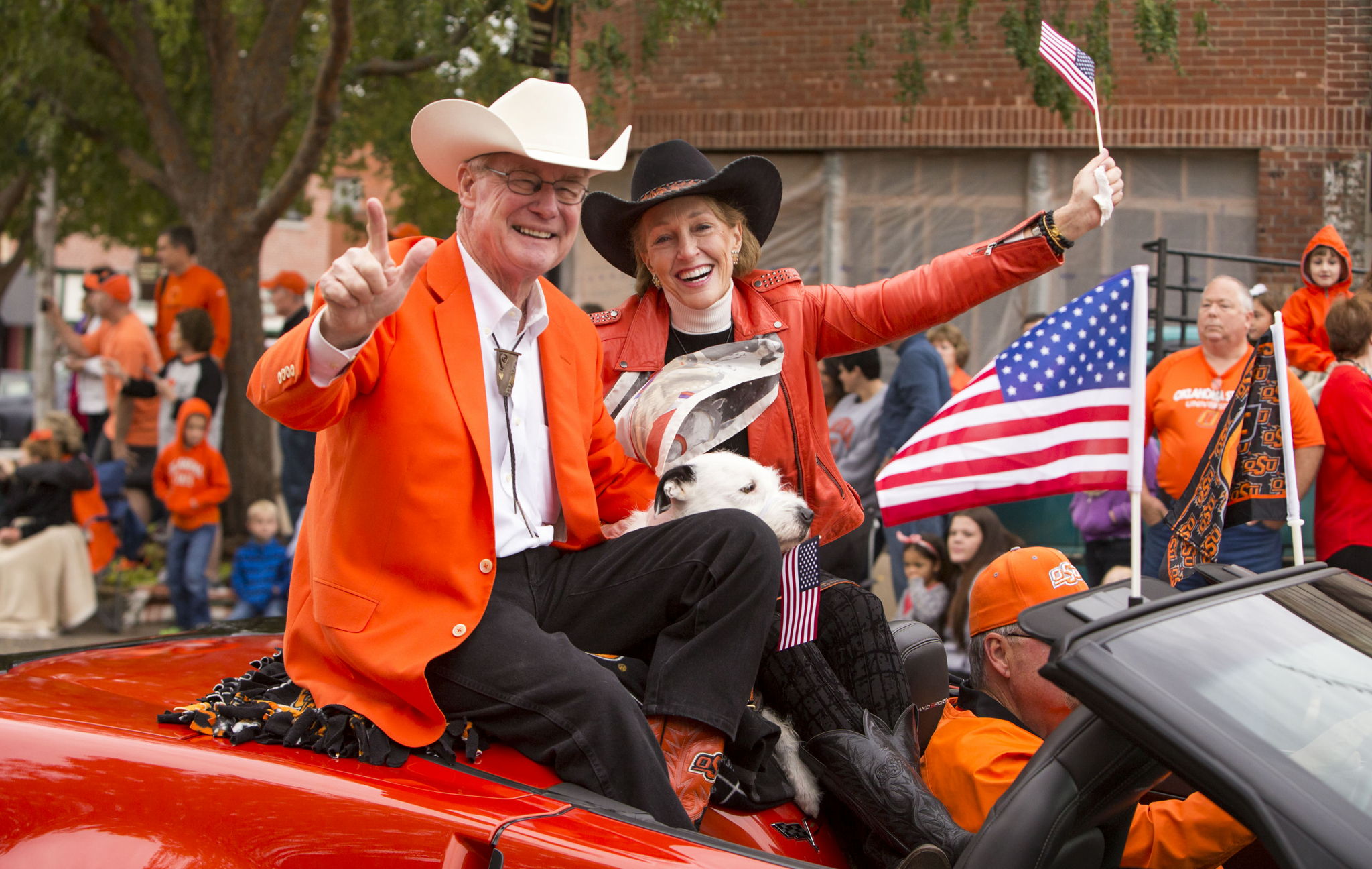 Burns and Ann Hargis in an Oklahoma State University homecoming parade. Burns and Ann Hargis in an Oklahoma State University homecoming parade.