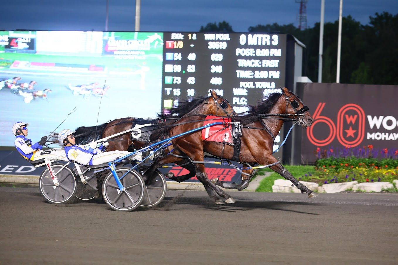 Legendary Hanover and driver James Macdonald winning the first division of the Nassagaweya on August 26, 2023 at Woodbine Mohawk Park (New Image Media)
