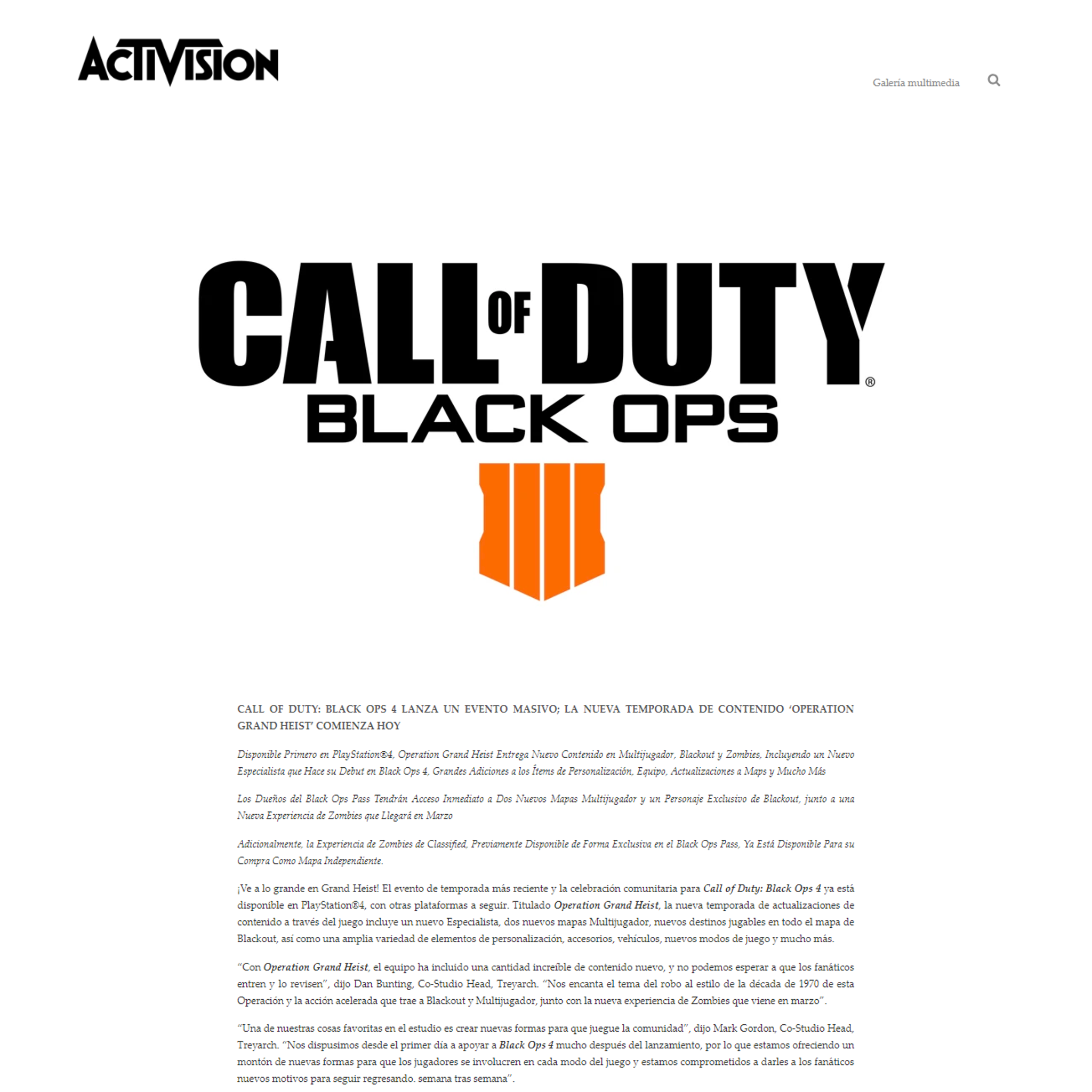 Gaming Press Release Example Activision