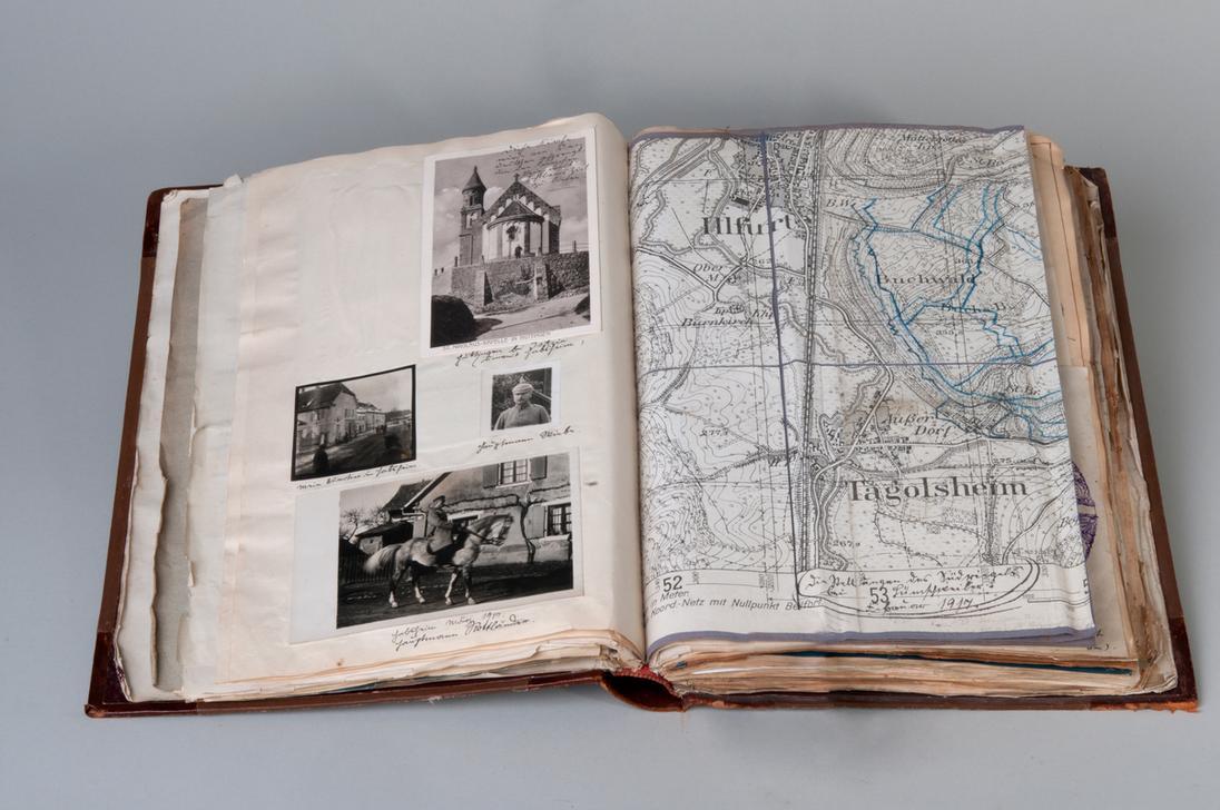 "History of Reinforcement Battalion 161" (album collected together by a Captain Rottländer, 1917): double page with photographs and map. AKG1673824