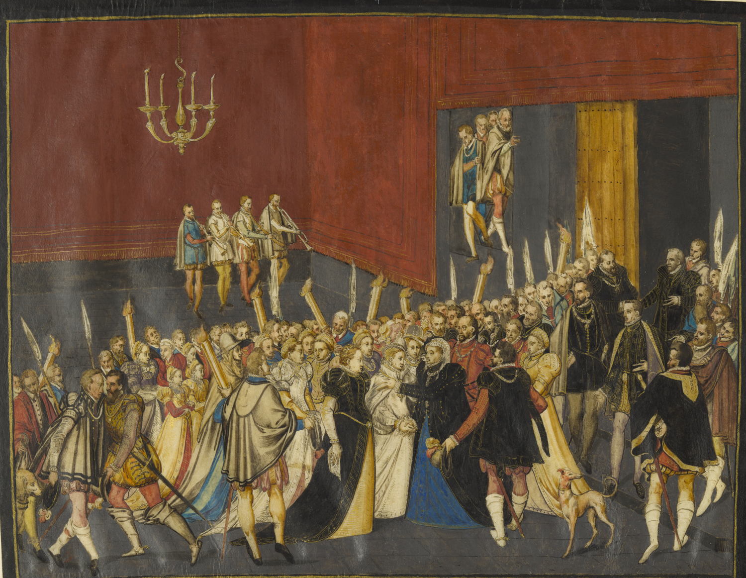 Anoniem (Zuid-Nederlands), ‘Begroeting van Maria door Margareta van Oostenrijk in de Grote Zaal van het Coudenbergpaleis’, uit het Album van Brussel, 1565-1566, Inw.zb.d. 10250                  © From the collection of the University of Warsaw Library