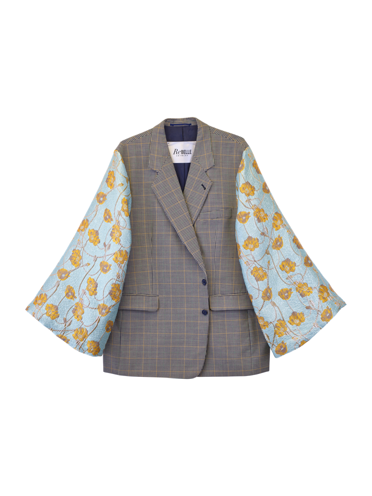 ReBELLE Antwerp_2024_Kimono Blazer Checkered Blue Yellow Flowers_EUR269