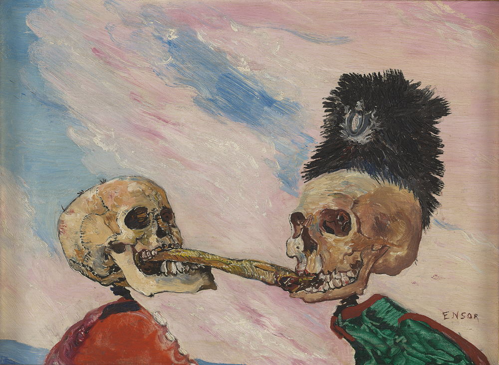 James Ensor, Skeletons tussle over a smoked herring or _hareng saur_ (_l_art Ensor_), 1891. Oil on panel, 16 x 21.5 cm. RMFAB, 11156 © J. Geleyns - Art Photography