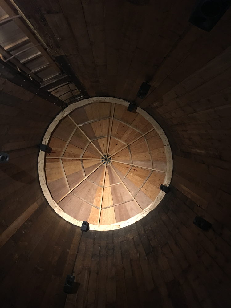 Three Neumann KH 80 DSP monitors attached to the inner wall of the silo
[Photograph provided by the Hancock Shaker Village]