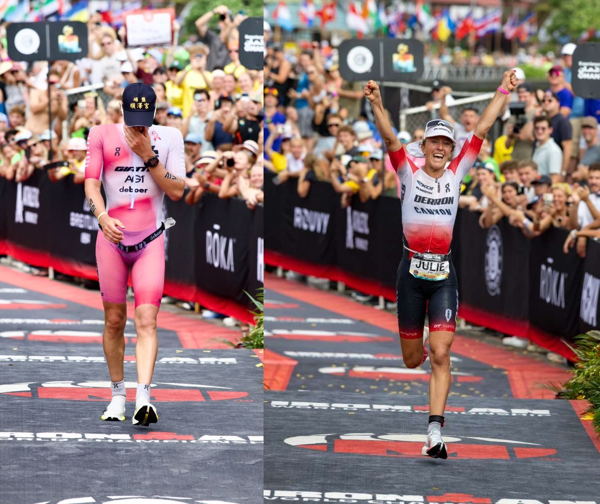 On athletes on the podium at the Ironman World Championship in Kona
