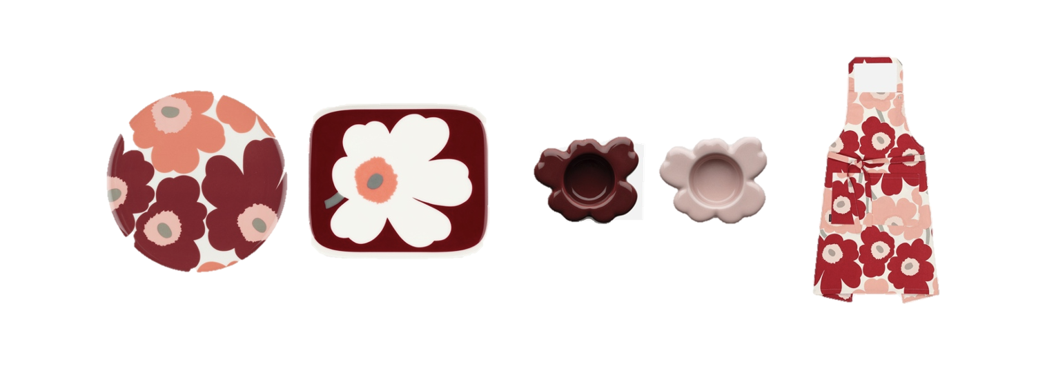 Oiva Unikko Plate: $35, Oiva Juhla Unikko Small Plate: $30, Unikko Candleholders: $75, Unikko Apron: $58 Oiva Unikko Plate: $35, Oiva Juhla Unikko Small Plate: $30, Unikko Candleholders: $75, Unikko Apron: $58