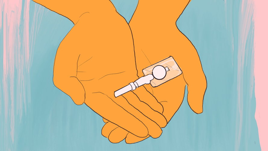 Illustration of a woman holding a self-injectable contraceptive device. Copyright: Carrie Hawks/MSF