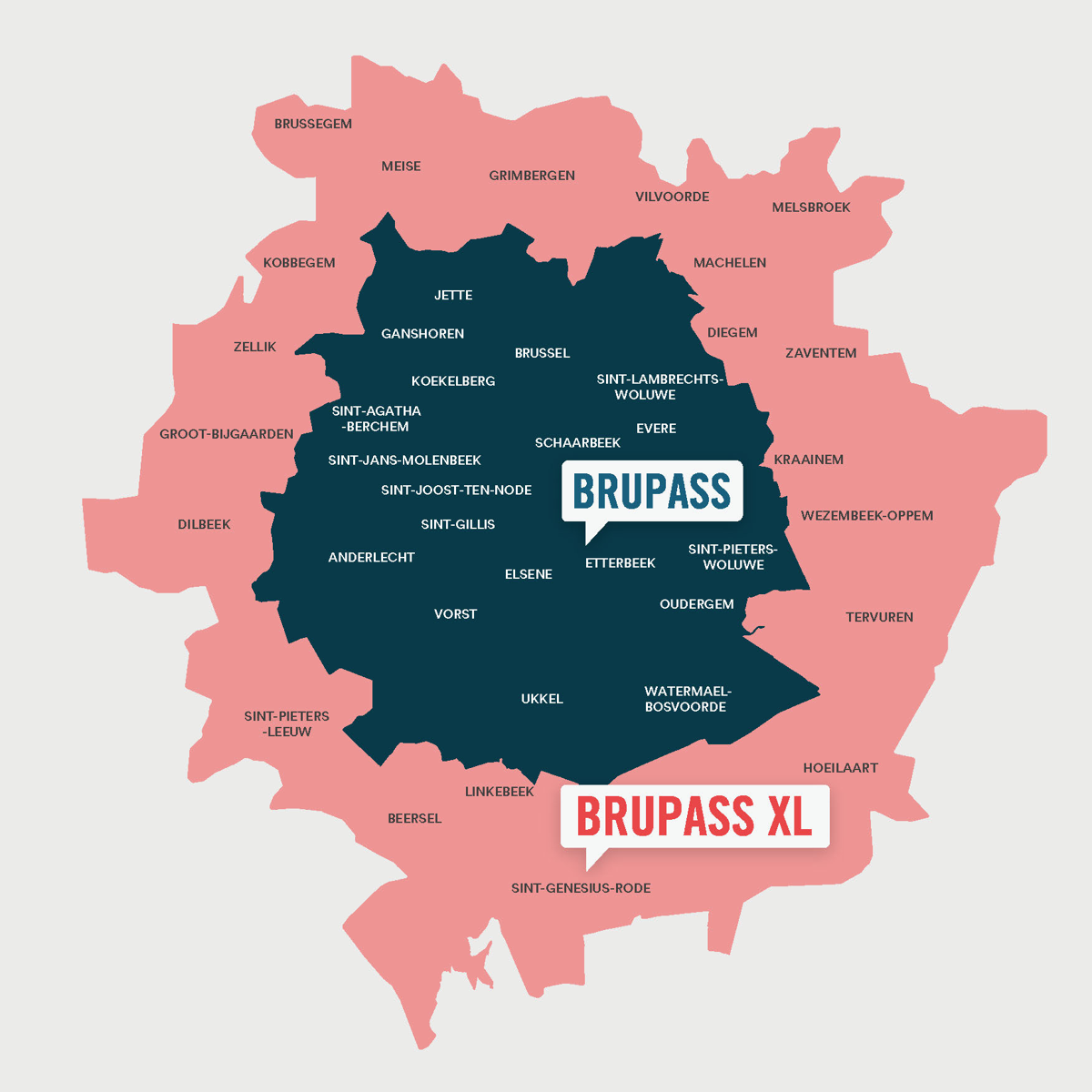 De BRUPASS XL-zone omvat de huidige zone van Brussel (de voormalige MTB-zone, de blauwe op de kaart) en de uitgebreide zone (de roze zone op de kaart).