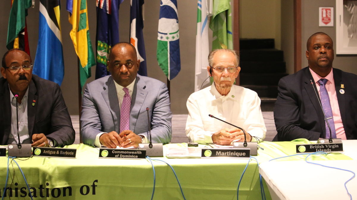 De gauche à droite : Gaston BROWNE, Premier Ministre d'Antigua et Barbuda, Dr Roosevelt SKERRIT, Premier Ministre du Commonwealth de la Dominique, Alfred MARIE-JEANNE, Président du Conseil exécutif de la Collectivité territoriale de Martinique, Andrew FAHIE, “Premier” des Iles Vierges britanniques,