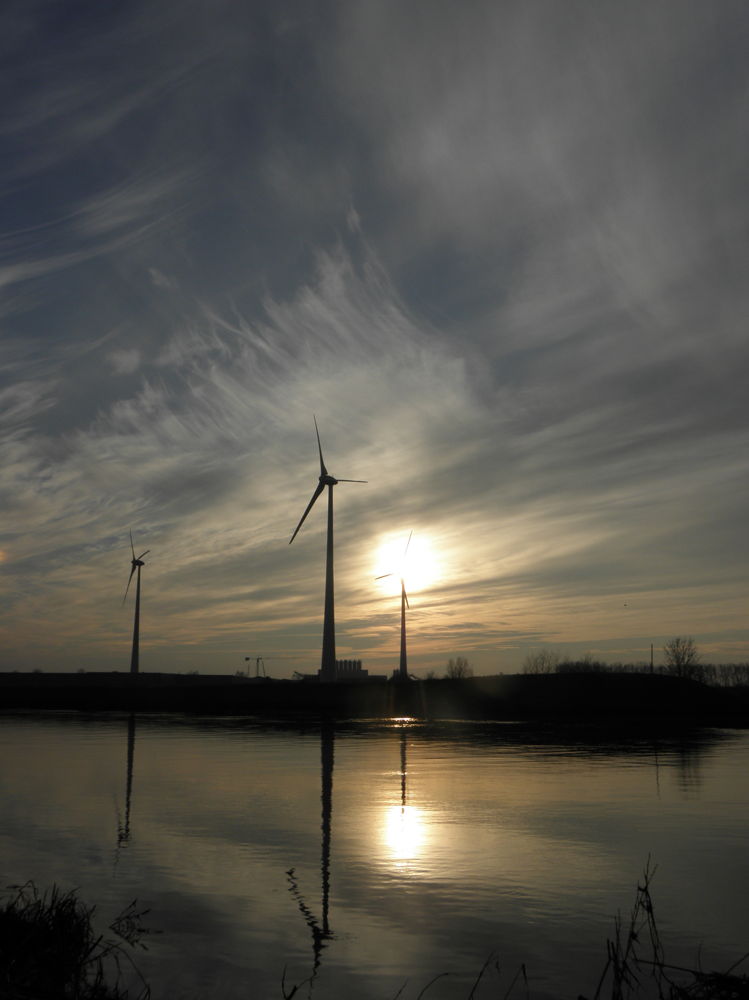 Het naburige Storm-windpark in Wielsbeke tijdens een winterse zonsondergang. (Foto F. Temmerman)