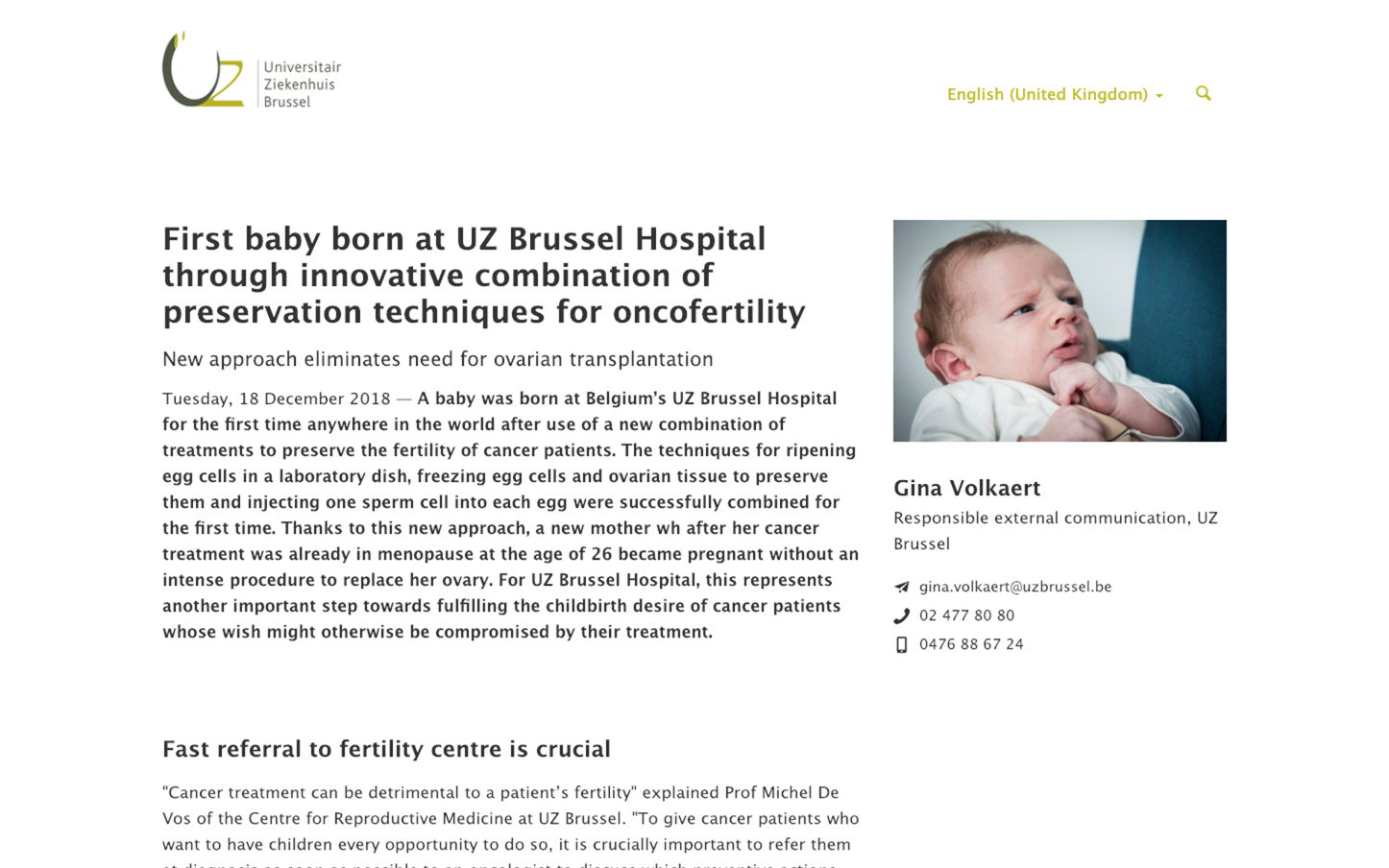 First baby born at UZ Brussel Hospital through innovative combination of preservation techniques for oncofertility