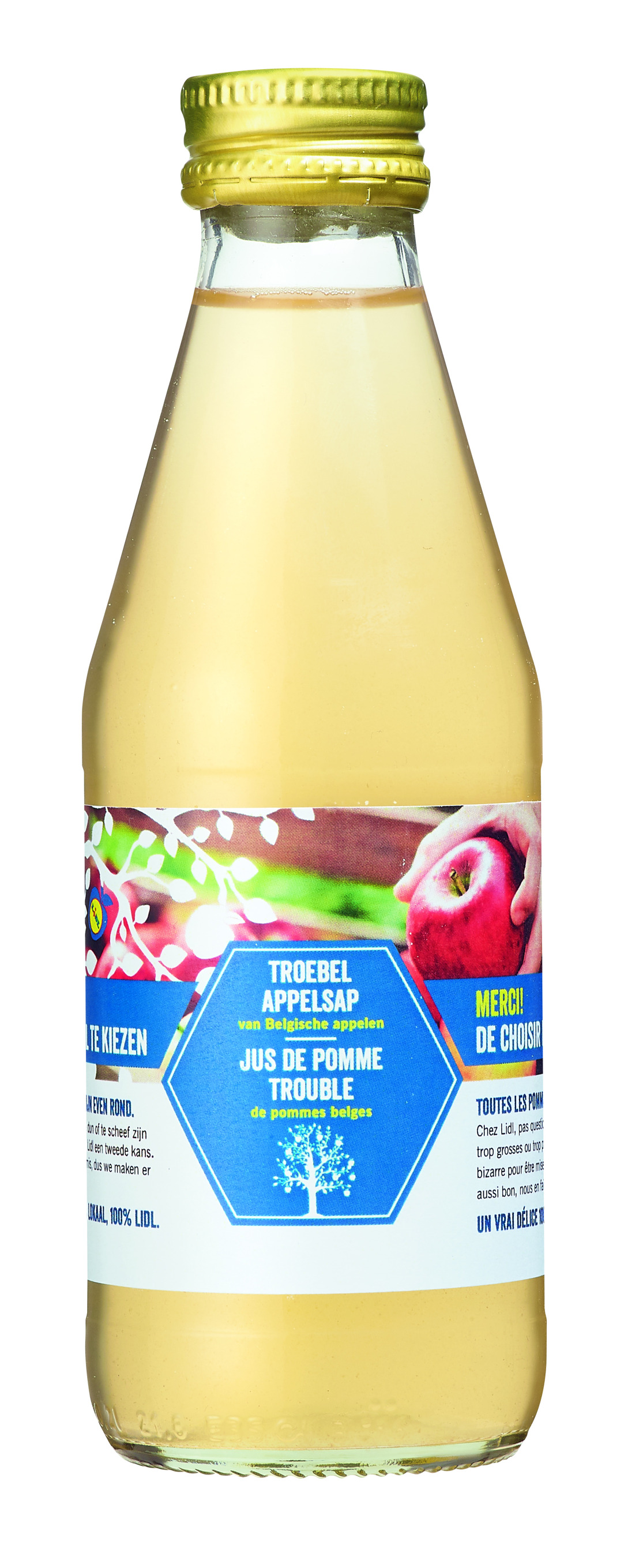 À l’occasion du « Weekend du client », Lidl offrira à chaque client un jus de pomme en bouteille 100% belge et fabriqué à partir de pommes « moches ».