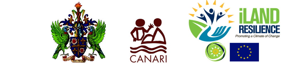 Coat of arms of the Ministry of St. Lucia, logo of Canari, logo of iLand Resilience 
