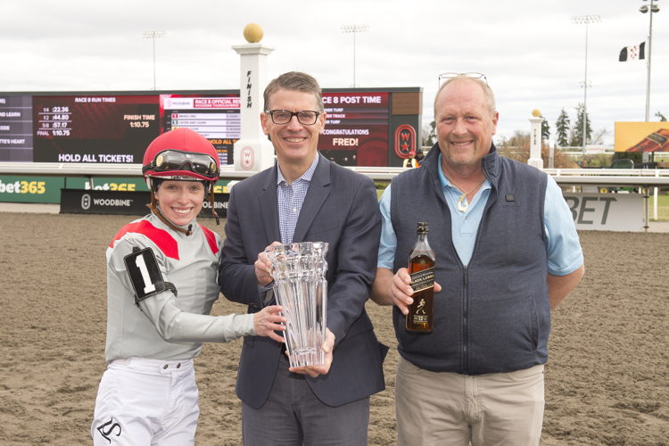 Jockey Sofia Vives, Woodbine CEO Michael Copeland, and Assistant Trainer Matt Hartman (Michael Burns Photo)