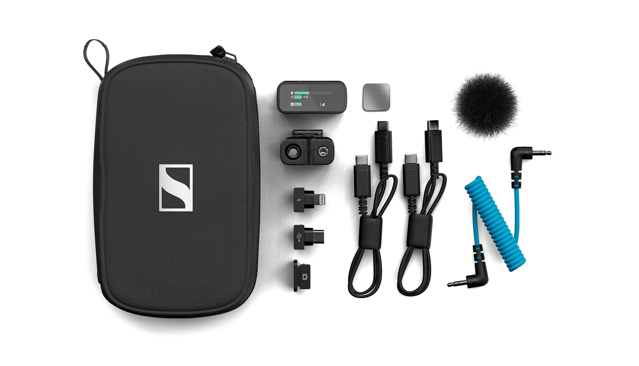 The Profile Wireless 1-channel mic system includes a clip-on mic with mini windshield and magnetic mount, a two-channel receiver, two USB cables, USB-C and Lightning adapters, a camera cable and a shoe mount adapter The Profile Wireless 1-channel mic system includes a clip-on mic with mini windshield and magnetic mount, a two-channel receiver, two USB cables, USB-C and Lightning adapters, a camera cable and a shoe mount adapter