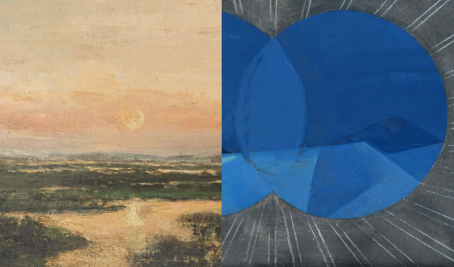 'Moerassen van Genk’ (detail), Rodolphe de Lexhy, 1894, Collection M Leuven, CC0, photo: M Leuven | ‘I Sea’ (detail), Tina Gillen, 2018, Flemish Community Collection at M Leuven, photo: © the artist