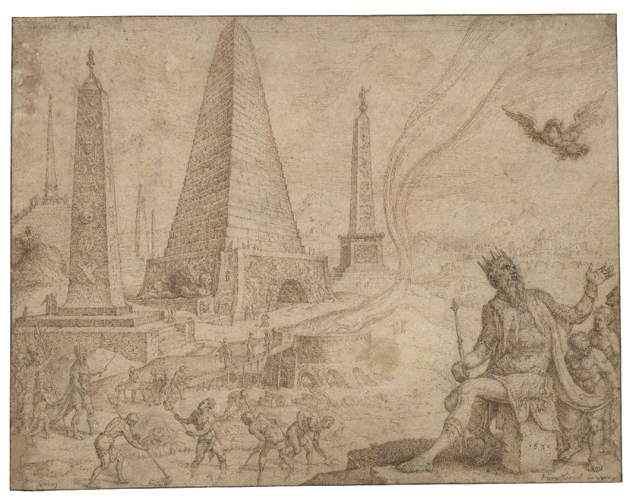 De piramiden van Egypte (1570) van Maarten van Heemskerck. Dit is de originele ontwerptekening voor de prent met hetzelfde onderwerp uit zijn beroemde reeks De zeven wereldwonderen. De piramiden van Egypte (1570) van Maarten van Heemskerck. Dit is de originele ontwerptekening voor de prent met hetzelfde onderwerp uit zijn beroemde reeks De zeven wereldwonderen.