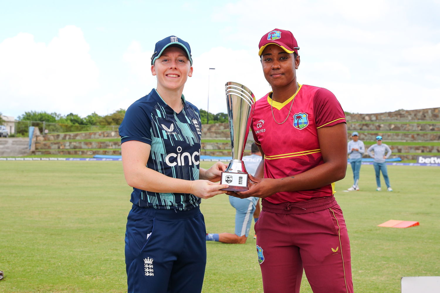 Captains Hayley Matthews and Heather Knight with CG United ODI Series trophy