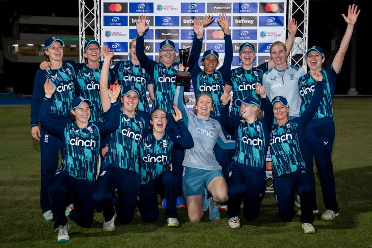 England celebrate with CG United ODI Series trophy