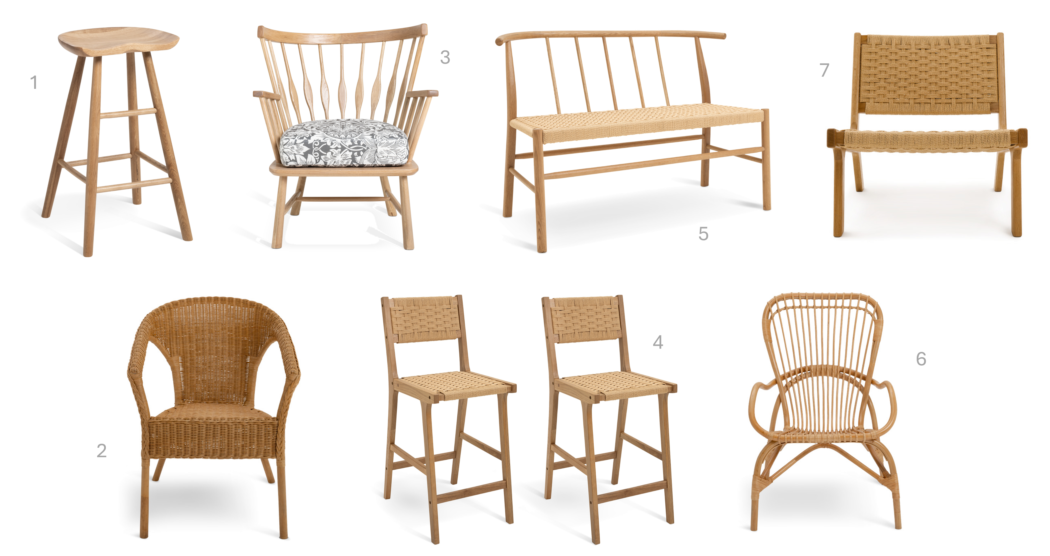 1.Habitat Barnwell Oak Tall Stool - Natural, £70, 2.Habitat Abby Rattan Chair - Natural, £95, 3.Habitat x Morris & Co. Canterbury Spindle Armchair - Oak, £290, 4.Habitat Faro Pair of Woven Oak Bar Stools – Natural, £180, 5.Habitat Scottie Solid Oak Dining Bench, £195, 6.Habitat Wyatt Rattan Chair – Natural, £160, 7.Habitat Faro Woven Paper Rope and Oak Accent Chair - Natural, £160