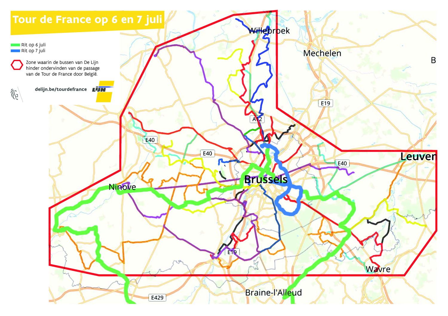 Ronde van Frankrijk 2019: zone waarin de buslijnen van De Lijn worden aangepast voor de etappes op 6 en 7 juli 2019.