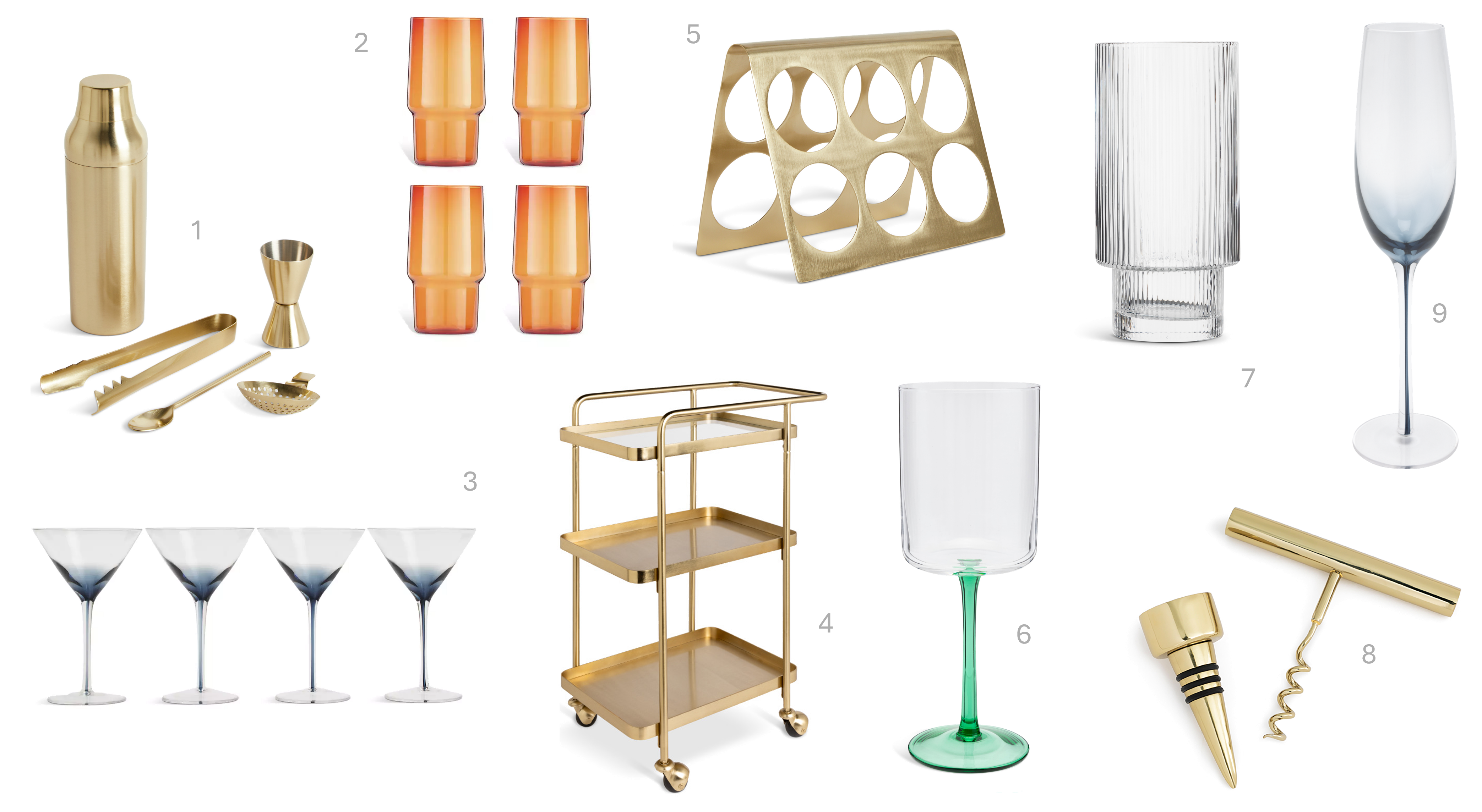 1.Habitat 60 Boogie Cocktail Set by Tord Boontje - Gold, £32, 2.Habitat Set of 4 Stackable Hi Ball Glasses, £17, 3.Habitat 4pk Navy Stem Martini Glasses, £17, 4.Habitat 60 Bar Trolley - Gold, £95, 5.Habitat 60 6 Bottle Wine Rack - Gold, £30, 6.Habitat Ribbed Highball Set of 4, £17, 7.Habitat Coloured Stem Wine Glass Green, £4, 8.Habitat Gold Tone Corkscrew & Stopper Set, £14.25, 9.Habitat Stem Set of 4 Champagne Glasses, £17