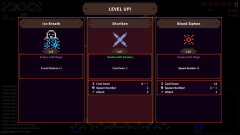 Menú de subida de nivel de Delve Survivors con opciones de habilidades a elegir