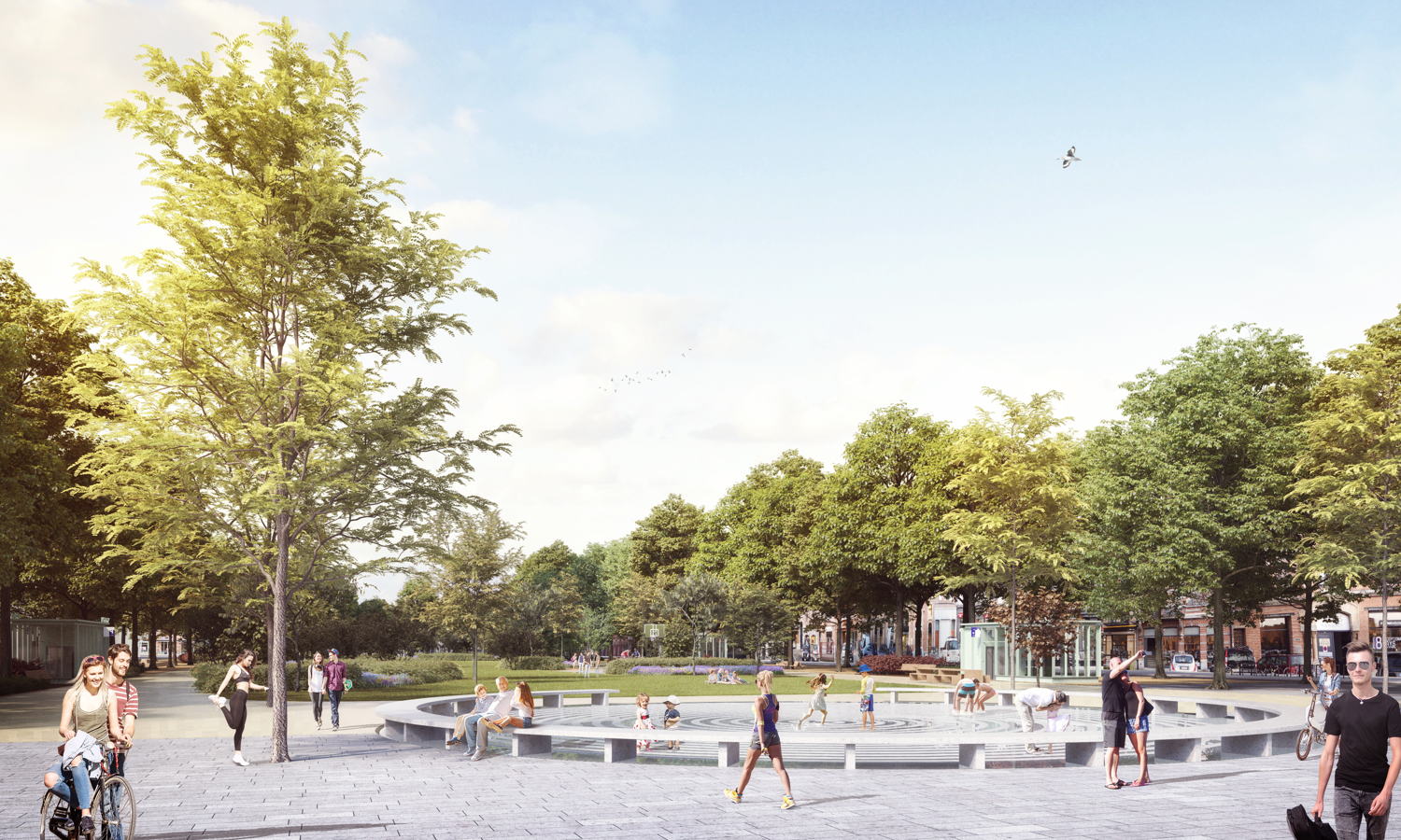 Museumplein met speelfontein verbindt de verschillende musea ©Tractebel – ADR Architects – Georges Descombes